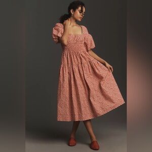 By Anthropologie Puff-Sleeve Smocked Poplin Midi Dress